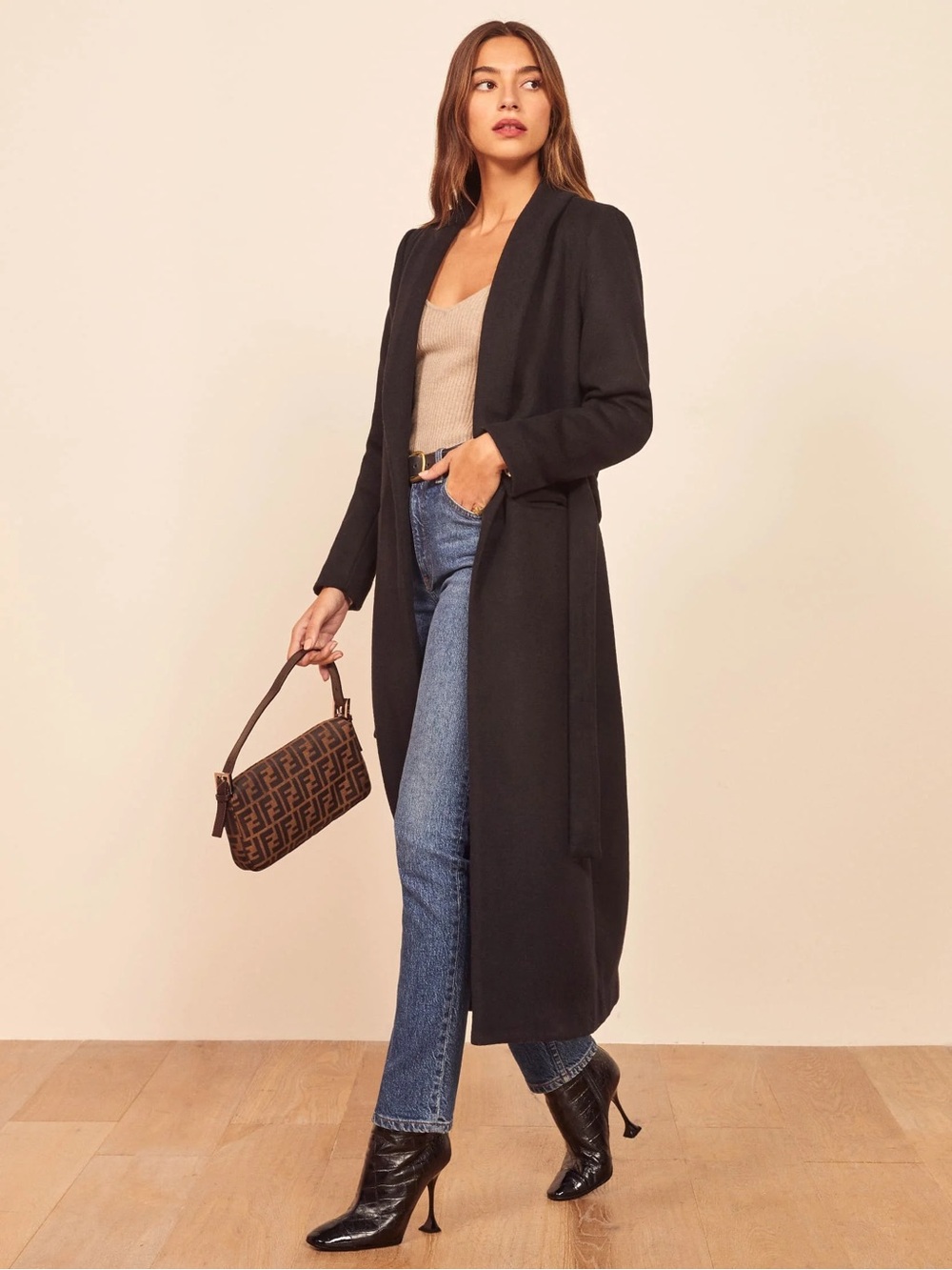Reformation Greenwich Wool Wrap Coat Black Belted Sz M